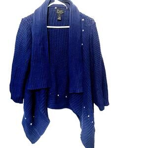 Pure Handknit Cardigan 100% cotton Navy Blue Studded open shawl collar women's M